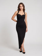 Black Stretch Knit Sheath Halter neckline Back Zip Asymmetrical Dress with Ruching - Curvevia