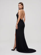 Black Stretch Knit Mermaid Halter neckline Backless Floor-Length Dress with Rhinestone accents - Curvevia