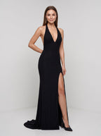 Black Stretch Knit Mermaid Halter neckline Backless Floor-Length Dress with Rhinestone accents - Curvevia