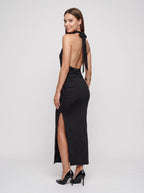 Black Stretch Knit Sheath Halter neckline Backless Midi Dress with Side-ruched detail - Curvevia