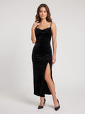 Black Velvet Sheath Scoop Neck Backless Midi Dress with Side Slit - Curvevia