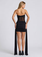 Black Stretch Knit Sheath Sweetheart Backless Short Dress with Ruched Mesh Panels - Curvevia