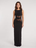 Black Stretch Knit Column Scoop Neck Floor-Length Dress with Lace Waist - Curvevia