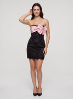 Black Matte Satin Sheath Straight Neck Back Zip Short Dress with Oversized Bow - Curvevia