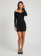 Black Stretch Knit Sheath Off-the-Shoulder Side Zip Short Dress with Ruched Detailing - Curvevia