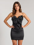 Black Stretch Knit Sheath Straight Neck Side Zip Short Dress with Front Bow and Cutout - Curvevia