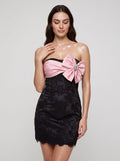 Black Matte Satin Sheath Straight Neck Back Zip Short Dress with Oversized Bow - Curvevia