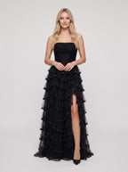 Black Tulle A-Line Straight Neck Back Zip Floor-Length Dress with Cascading Ruffles - Curvevia