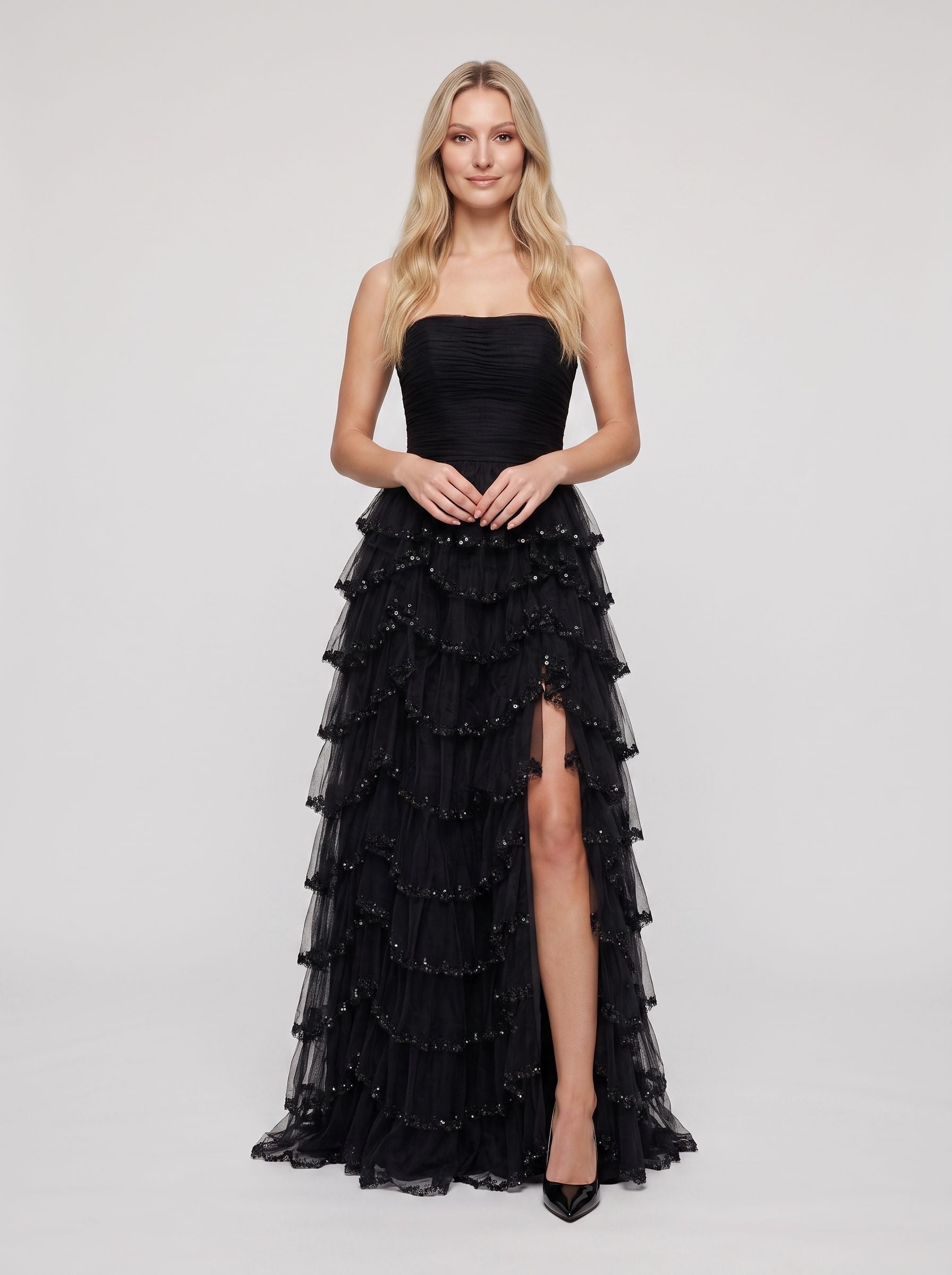 Black Tulle A-Line Straight Neck Back Zip Floor-Length Dress with Cascading Ruffles - Curvevia