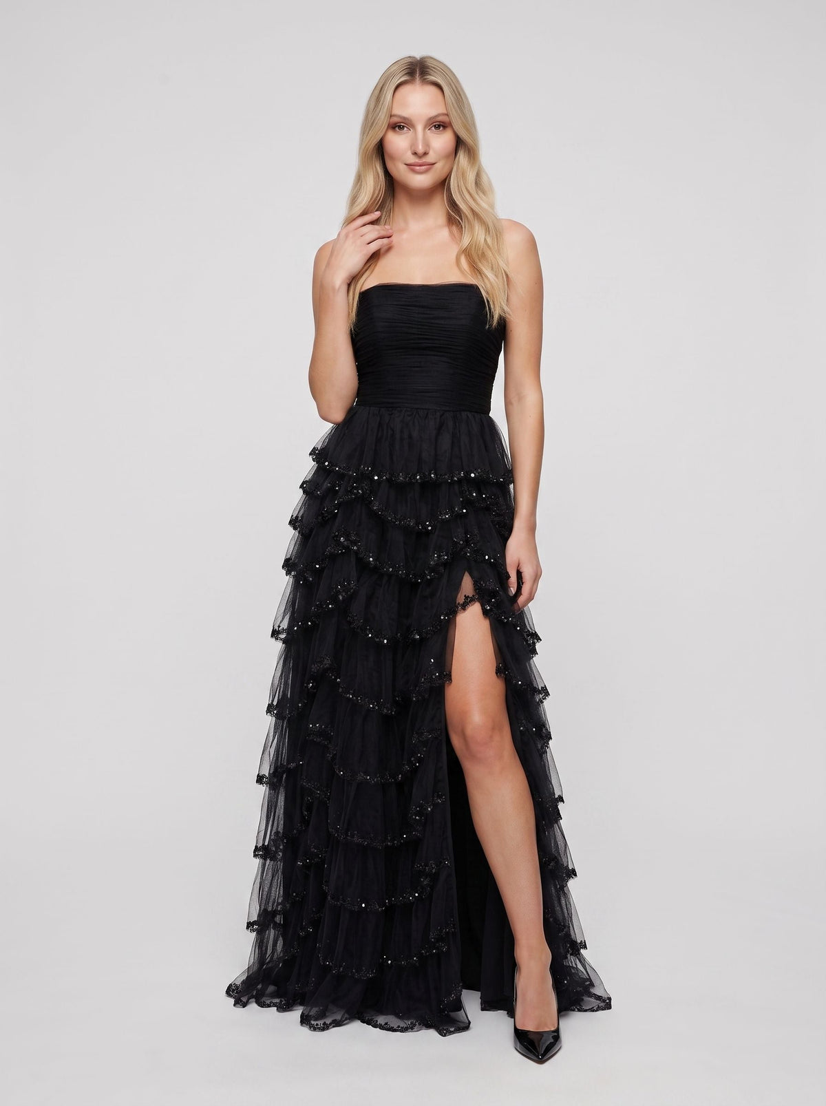 Black Tulle A-Line Straight Neck Back Zip Floor-Length Dress with Cascading Ruffles - Curvevia