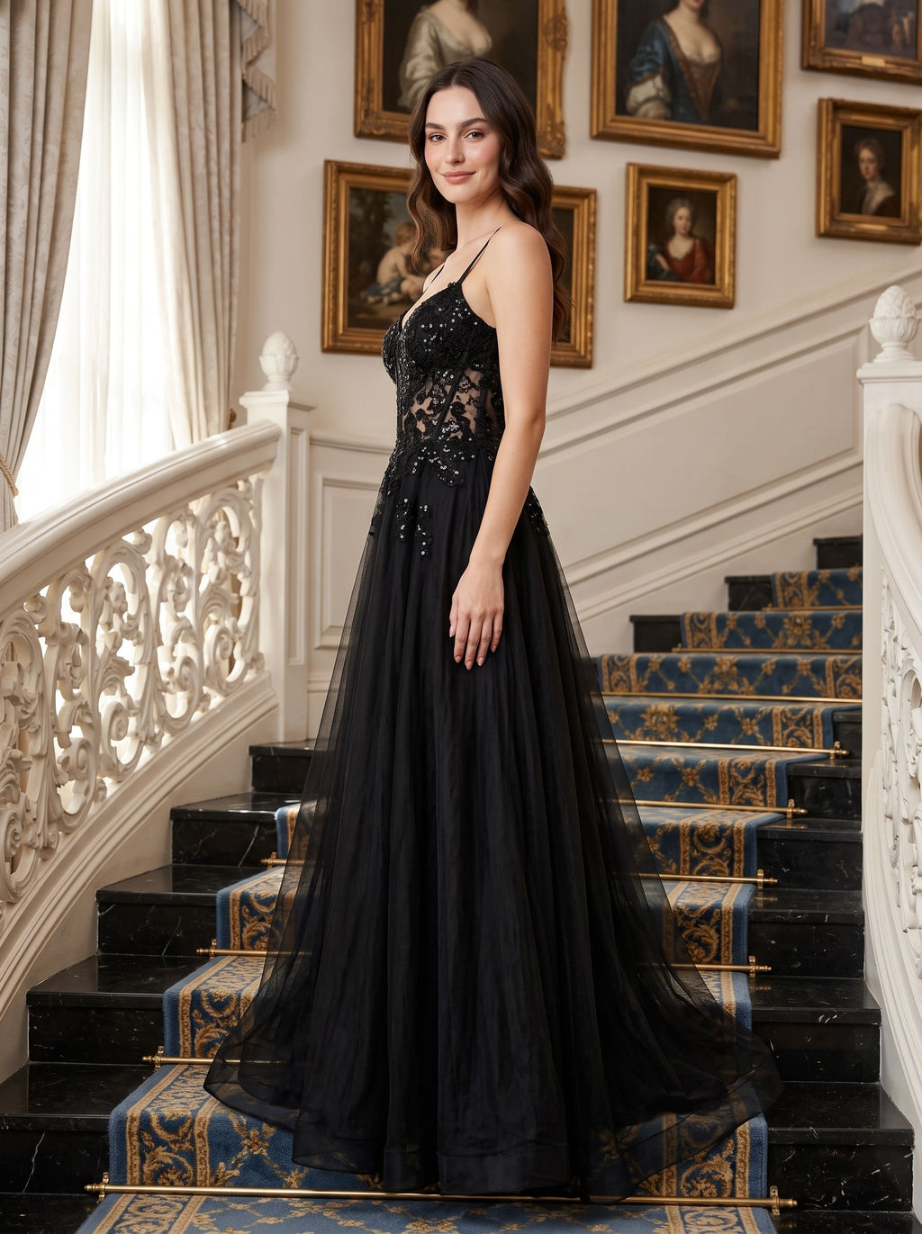 Black Tulle A-Line V-Neck Back Zip Floor-Length Dress with Beading - Curvevia