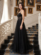 Black Tulle A-Line V-Neck Back Zip Floor-Length Dress with Beading - Curvevia