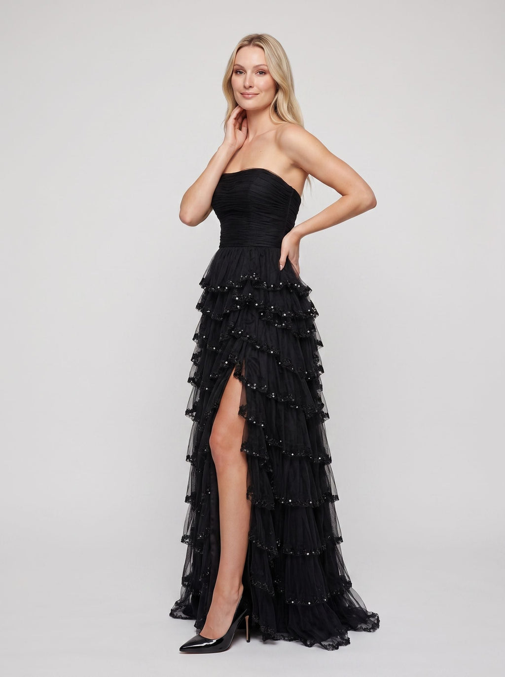 Black Tulle A-Line Straight Neck Back Zip Floor-Length Dress with Cascading Ruffles - Curvevia