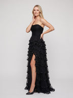 Black Tulle A-Line Straight Neck Back Zip Floor-Length Dress with Cascading Ruffles - Curvevia