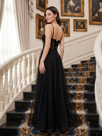 Black Tulle A-Line V-Neck Back Zip Floor-Length Dress with Beading - Curvevia