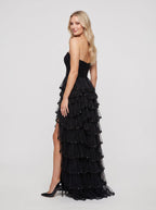 Black Tulle A-Line Straight Neck Back Zip Floor-Length Dress with Cascading Ruffles - Curvevia