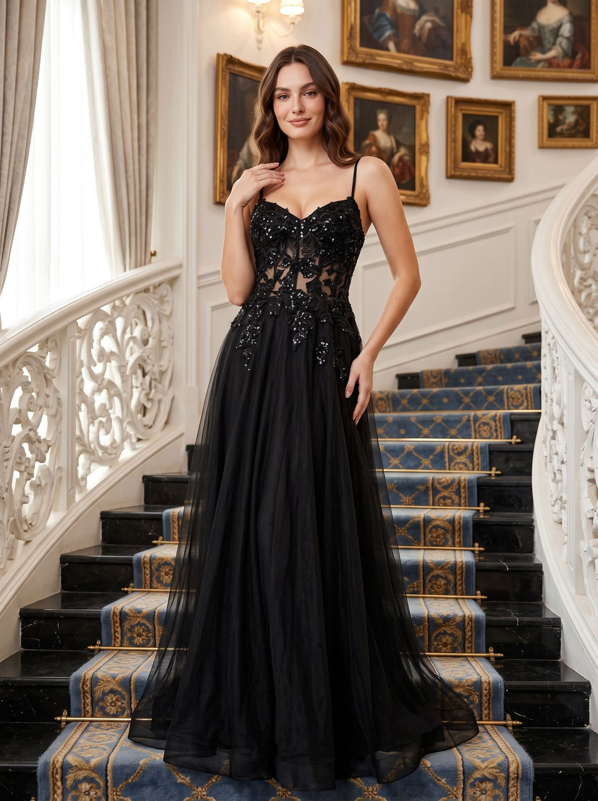 Black Tulle A-Line V-Neck Back Zip Floor-Length Dress with Beading - Curvevia