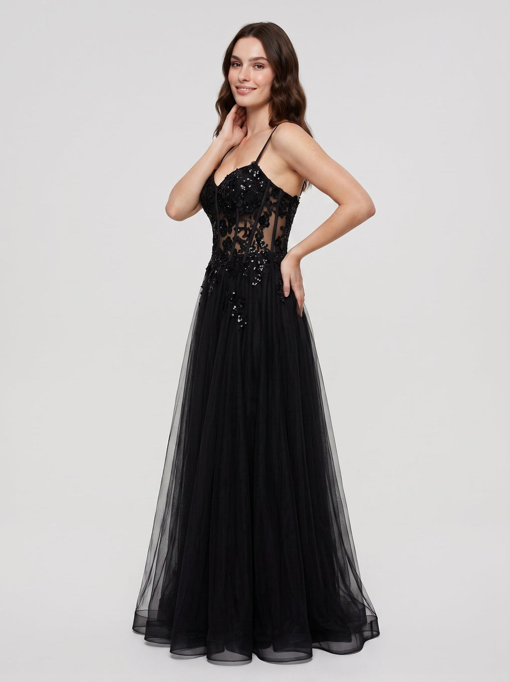Black Tulle A-Line V-Neck Back Zip Floor-Length Dress with Beading - Curvevia