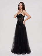 Black Tulle A-Line V-Neck Back Zip Floor-Length Dress with Beading - Curvevia