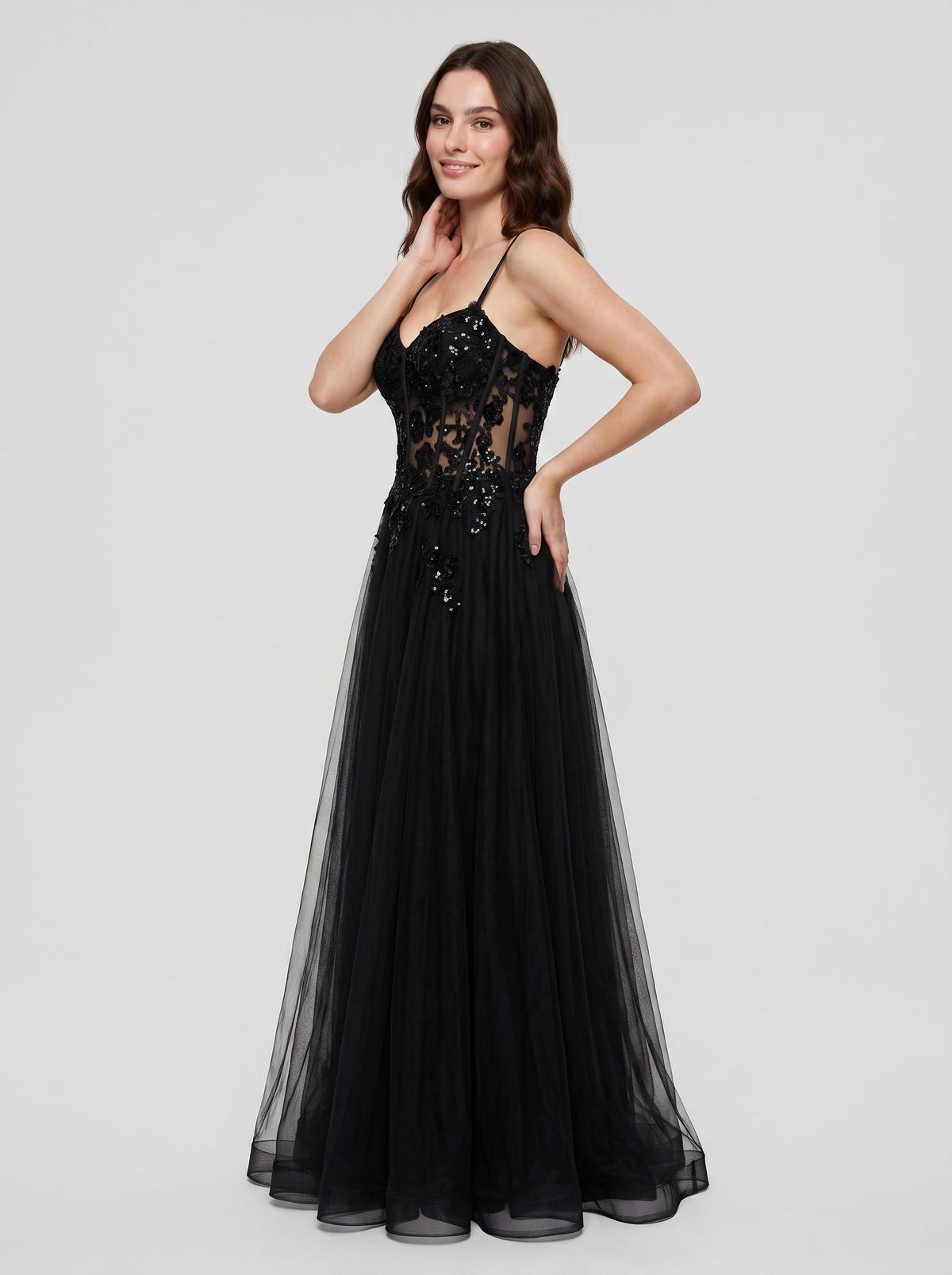 Black Tulle A-Line V-Neck Back Zip Floor-Length Dress with Beading - Curvevia
