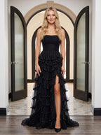Black Tulle A-Line Straight Neck Back Zip Floor-Length Dress with Cascading Ruffles - Curvevia