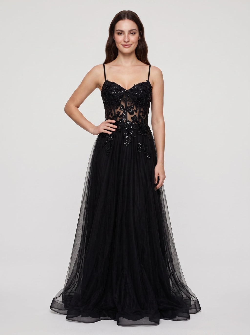 Black Tulle A-Line V-Neck Back Zip Floor-Length Dress with Beading - Curvevia