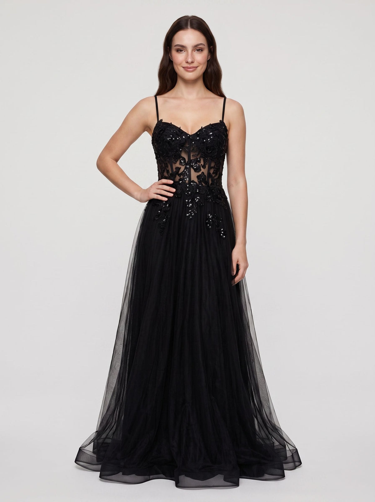Black Tulle A-Line V-Neck Back Zip Floor-Length Dress with Beading - Curvevia