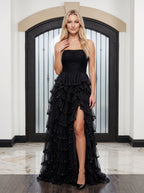 Black Tulle A-Line Straight Neck Back Zip Floor-Length Dress with Cascading Ruffles - Curvevia