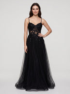 Black Tulle A-Line V-Neck Back Zip Floor-Length Dress with Beading - Curvevia
