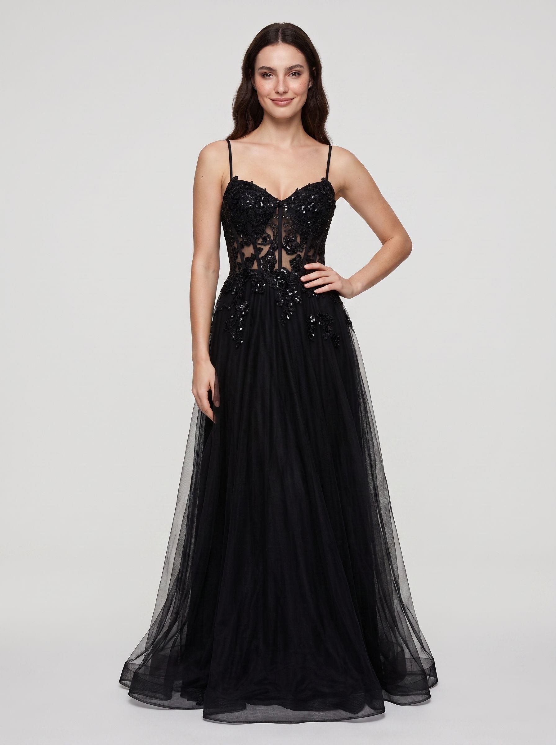Black Tulle A-Line V-Neck Back Zip Floor-Length Dress with Beading - Curvevia
