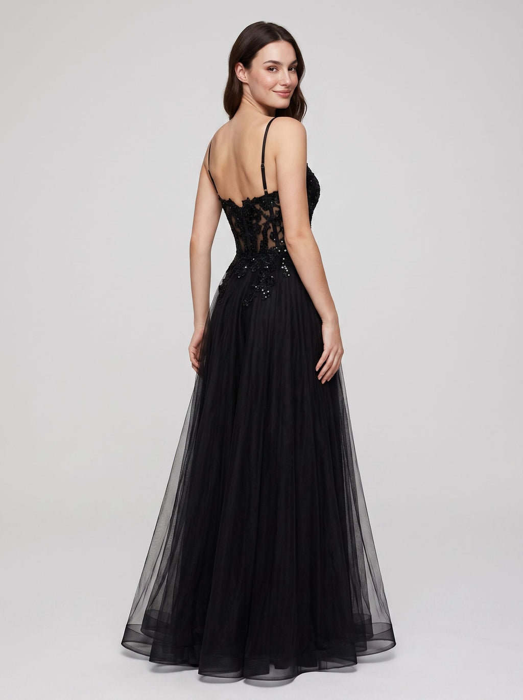 Black Tulle A-Line V-Neck Back Zip Floor-Length Dress with Beading - Curvevia