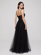 Black Tulle A-Line V-Neck Back Zip Floor-Length Dress with Beading - Curvevia