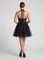 Black Tulle A-Line Halter neckline Backless Short Dress with Rhinestones - Curvevia