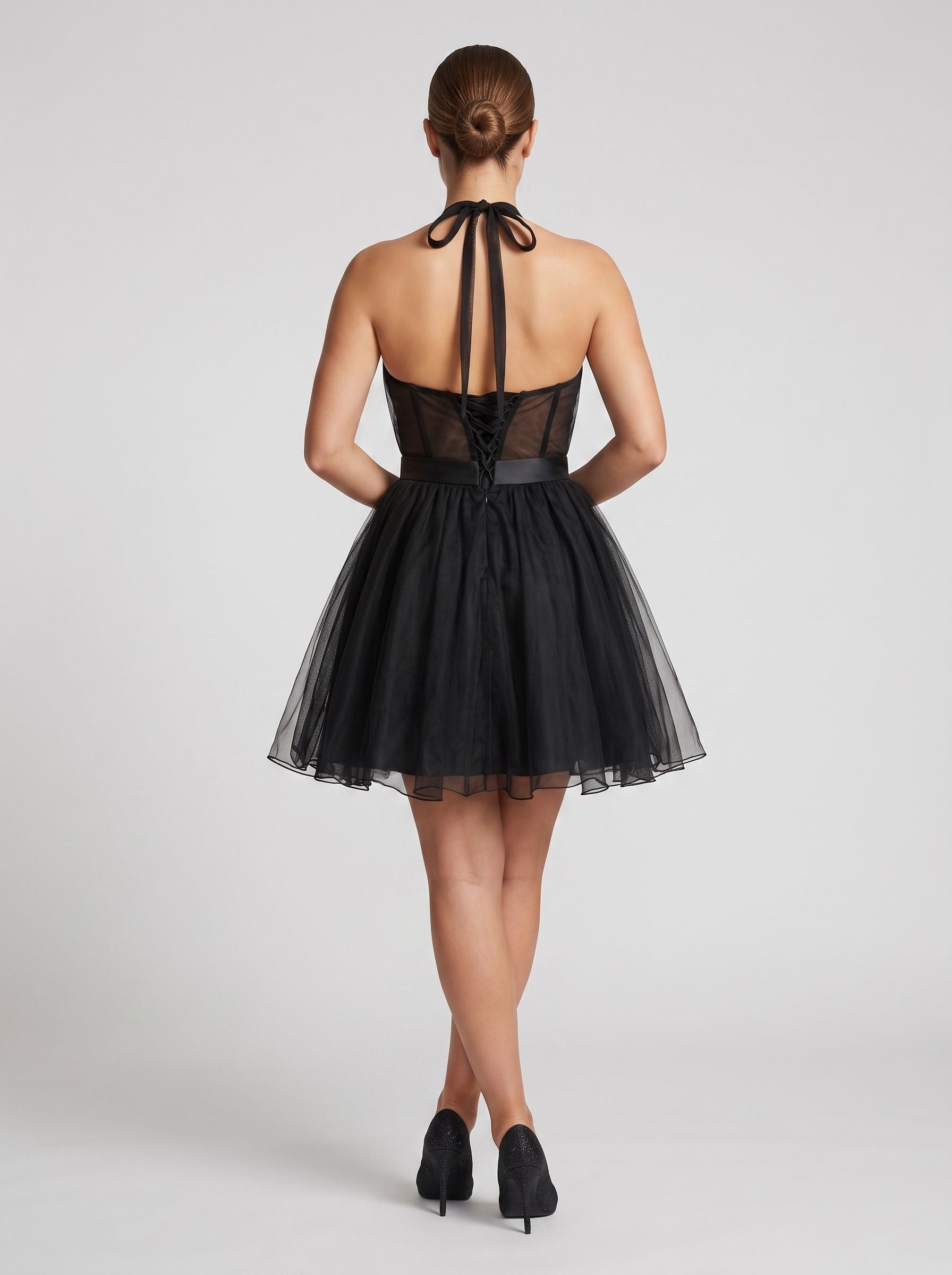 Black Tulle A-Line Halter neckline Backless Short Dress with Rhinestones - Curvevia