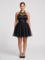 Black Tulle A-Line Halter neckline Backless Short Dress with Rhinestones - Curvevia