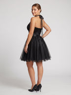 Black Tulle A-Line Halter neckline Backless Short Dress with Rhinestones - Curvevia