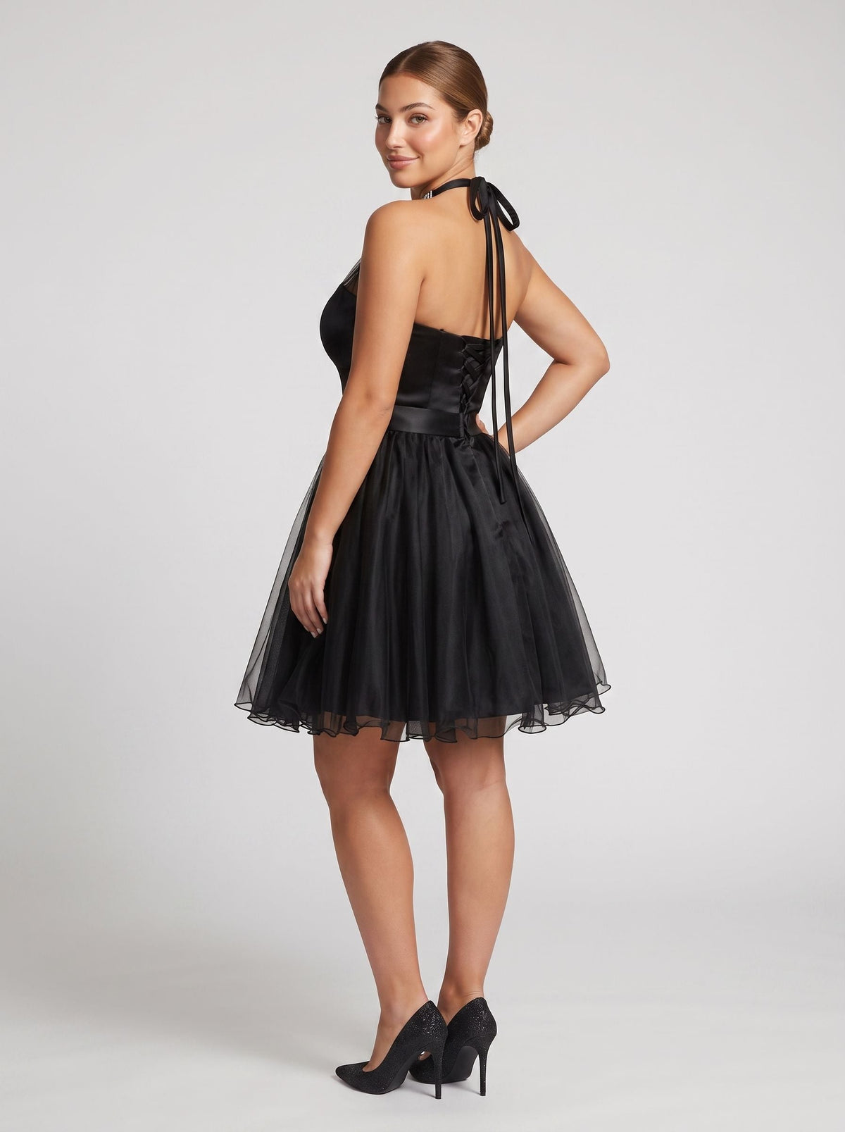 Black Tulle A-Line Halter neckline Backless Short Dress with Rhinestones - Curvevia