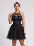 Black Tulle A-Line Halter neckline Backless Short Dress with Rhinestones - Curvevia