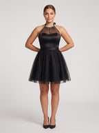 Black Tulle A-Line Halter neckline Backless Short Dress with Rhinestones - Curvevia