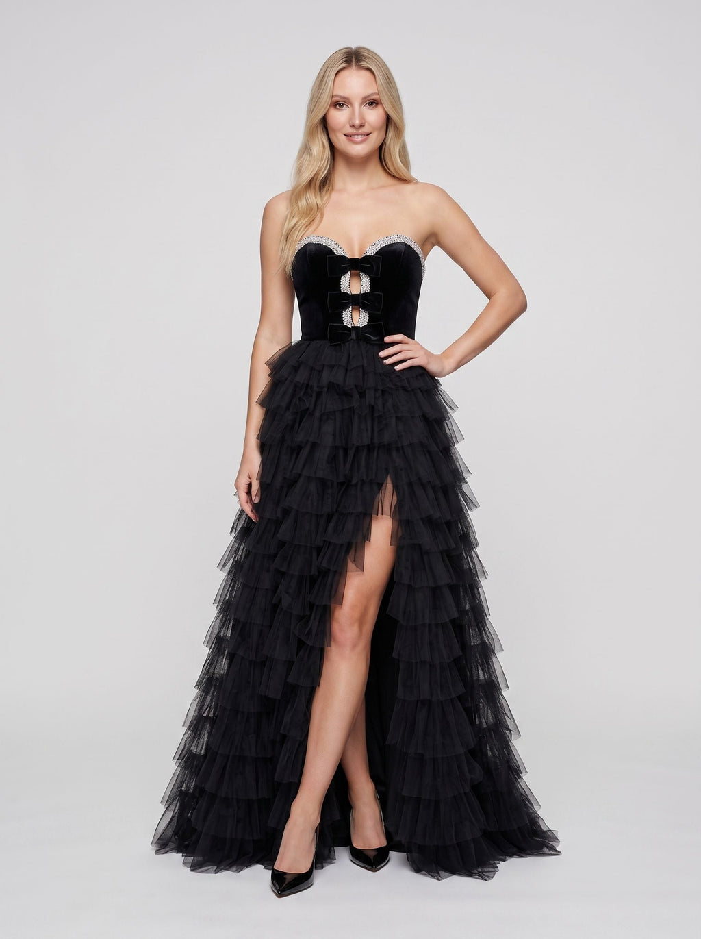 Black Tulle A-Line Sweetheart Back Zip Floor-Length Dress with Beaded Bodice - Curvevia