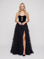 Black Tulle A-Line Sweetheart Back Zip Floor-Length Dress with Beaded Bodice - Curvevia