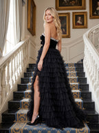 Black Tulle A-Line Sweetheart Back Zip Floor-Length Dress with Beaded Bodice - Curvevia