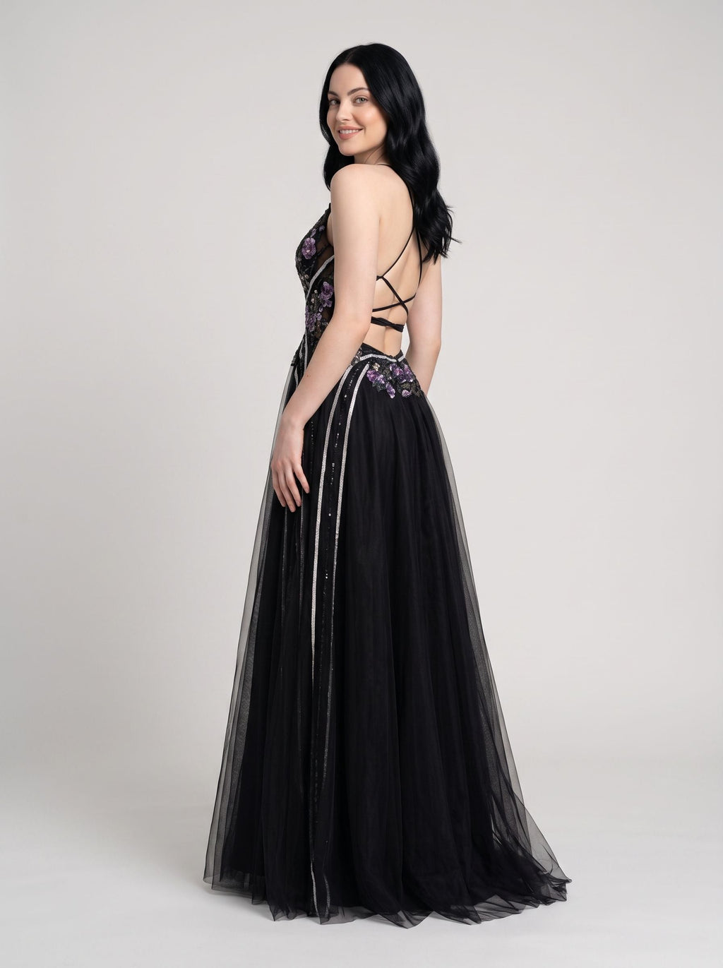 Black Tulle A-Line V-Neck Lace-up Floor-Length Dress with Embroidered Floral Bodice - Curvevia