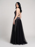 Black Tulle A-Line V-Neck Lace-up Floor-Length Dress with Embroidered Floral Bodice - Curvevia