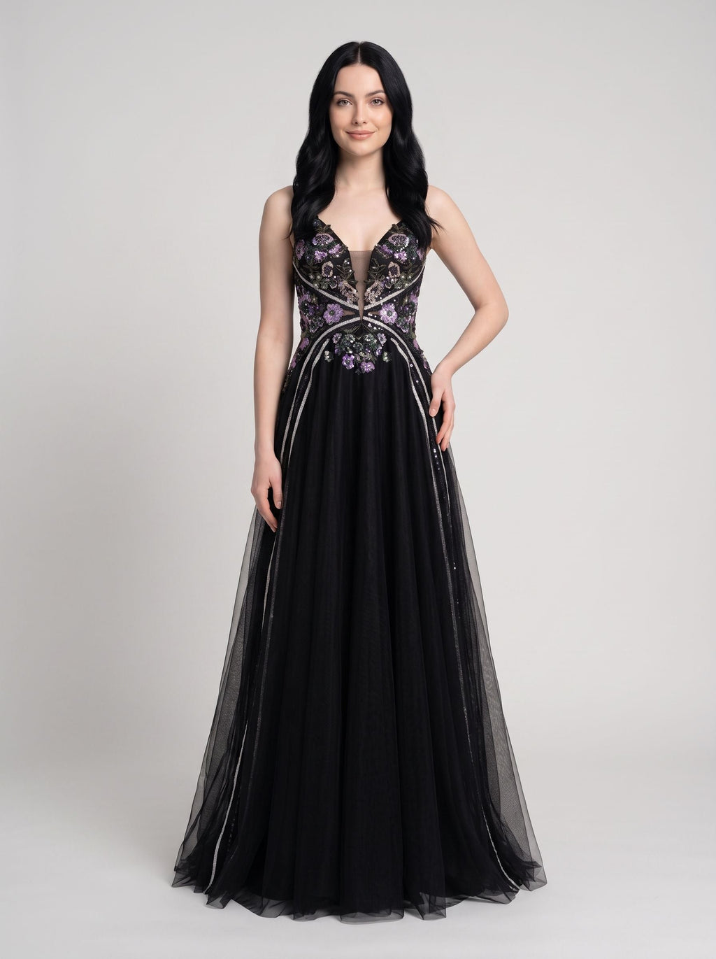 Black Tulle A-Line V-Neck Lace-up Floor-Length Dress with Embroidered Floral Bodice - Curvevia