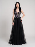 Black Tulle A-Line V-Neck Lace-up Floor-Length Dress with Embroidered Floral Bodice - Curvevia