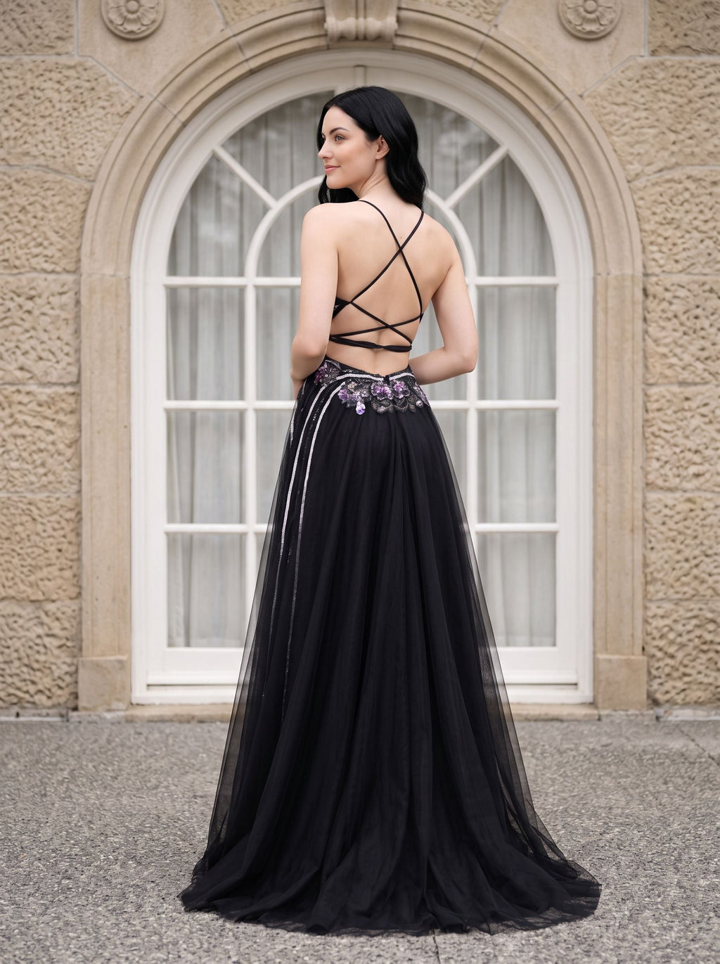 Black Tulle A-Line V-Neck Lace-up Floor-Length Dress with Embroidered Floral Bodice - Curvevia