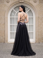 Black Tulle A-Line V-Neck Lace-up Floor-Length Dress with Embroidered Floral Bodice - Curvevia