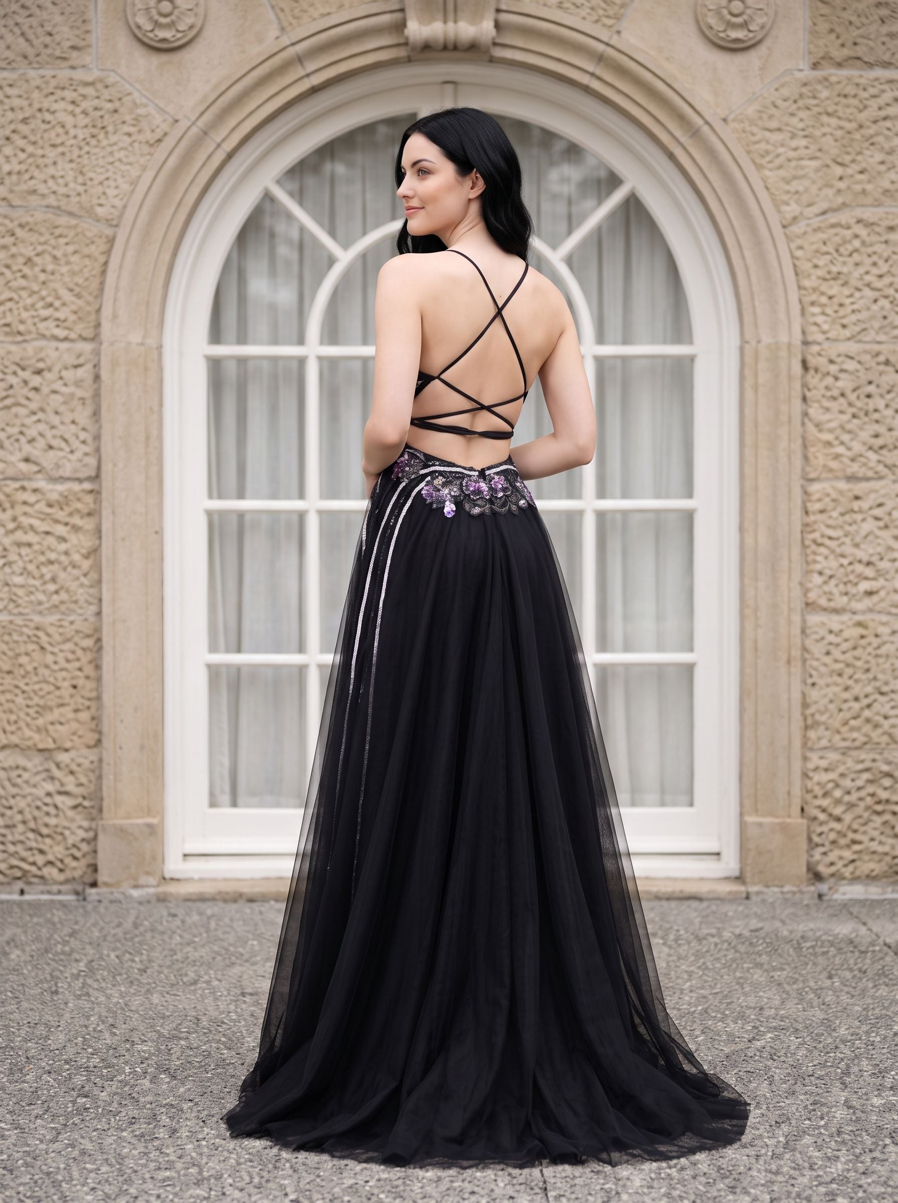 Black Tulle A-Line V-Neck Lace-up Floor-Length Dress with Embroidered Floral Bodice - Curvevia