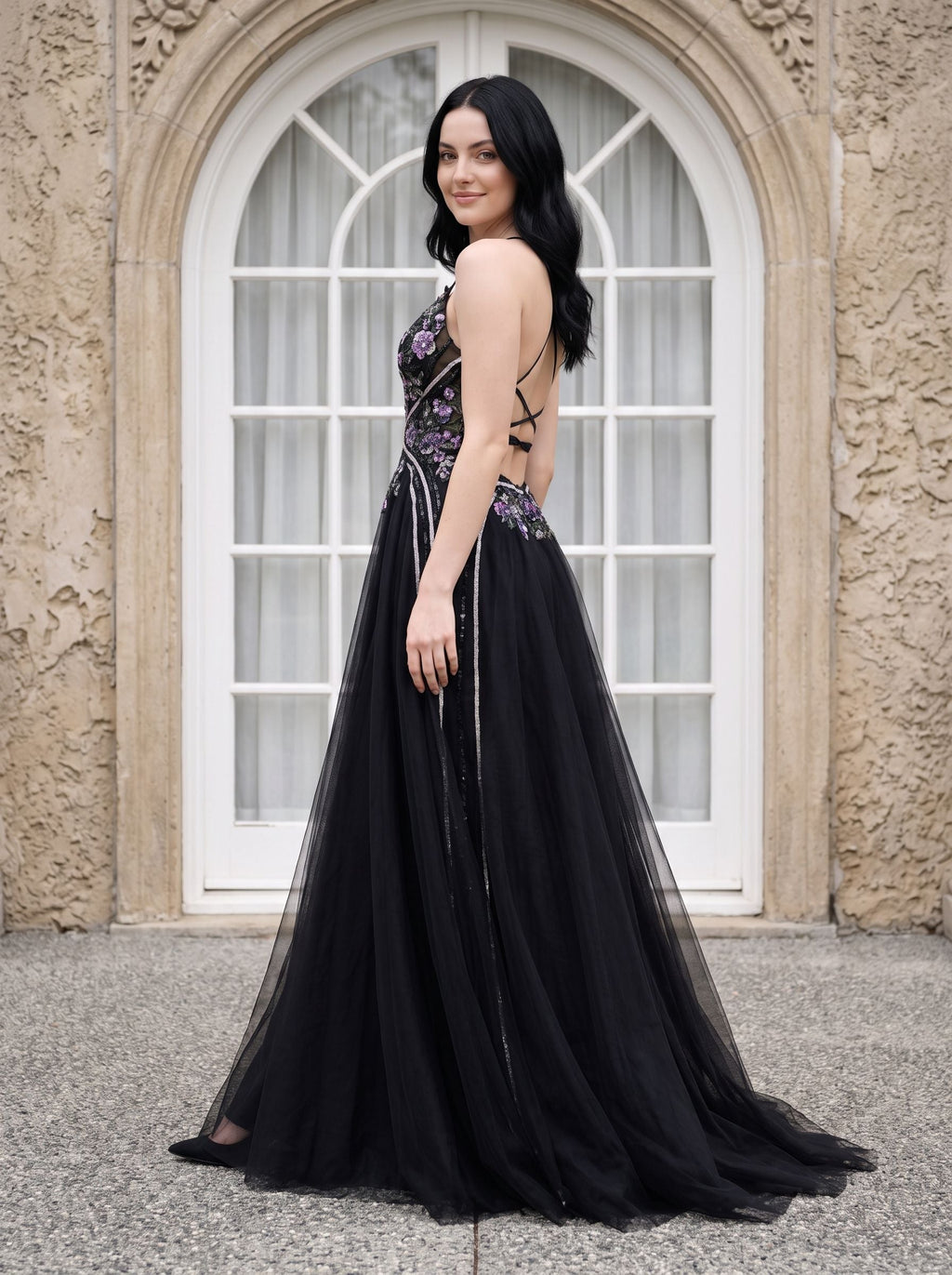 Black Tulle A-Line V-Neck Lace-up Floor-Length Dress with Embroidered Floral Bodice - Curvevia